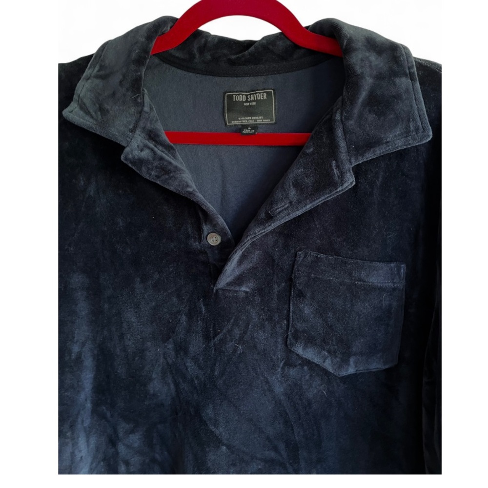 Todd Snyder Navy Blue Velour Long Sleeve Polo Shirt Size L - Picture 2 of 5
